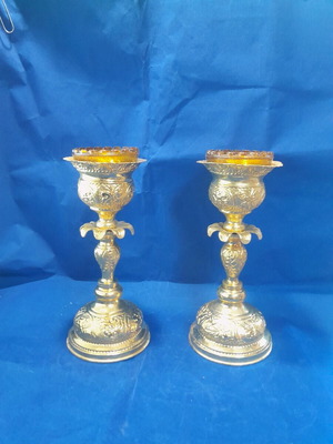 Set of gilded altar candles new for holy table