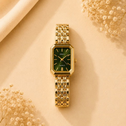 Gold women's watch with green dial vintage style, new
