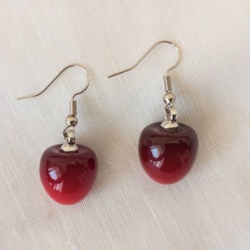Red cherry-shaped dangle earrings, stainless steel hooks