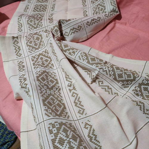 Cretan woven tablecloth new, ecru with khaki-gold patterns