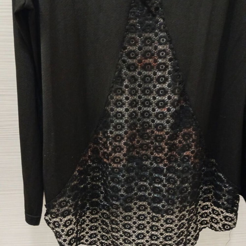 Black blouse with girl print and transparent lace back, like new, size L