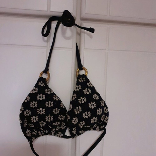 Shein bikini swimsuit used black with white embossed flowers and gold rings