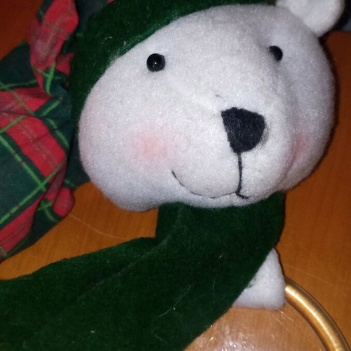 Christmas teddy bear like new, hanging baby toy with bell
