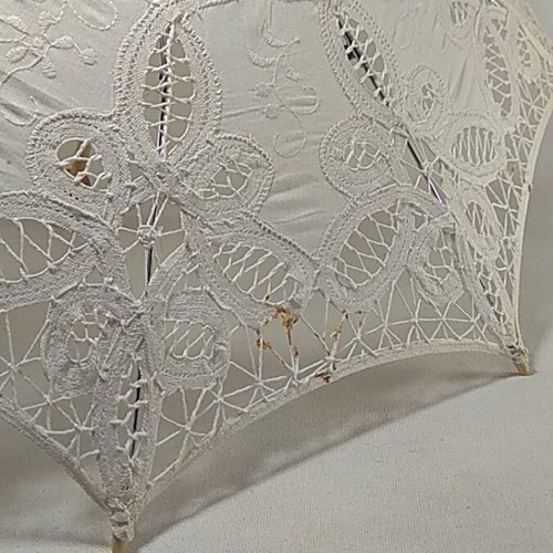 Vintage bridal umbrella used, white Battenberg lace parasol