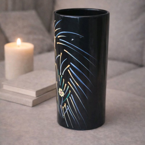 Decorative vase black with artistic painted design like new