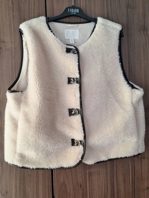 H&M Sleeveless Fur Vest New, Size Large, Ecru with Brown Trim