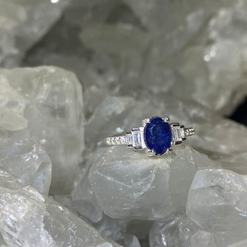 Handmade silver ring with natural blue sapphire and moissanites, size 17mm