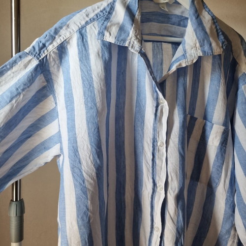 Γυναικεία λινή πουκάμισο H&M XL μεταχειρισμένο, λευκό και μπλε
