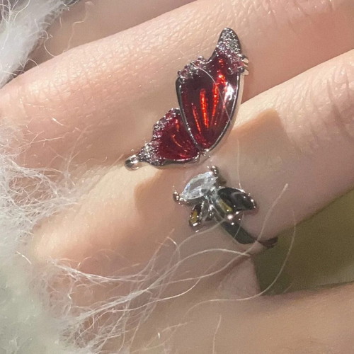 S925 Silver Butterfly Ring, Red & White