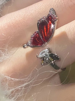 S925 Silver Butterfly Ring, Red & White