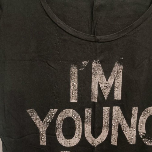 Black T-shirt used, size S, with faded letters