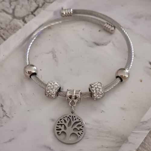 Steel bracelet handcuff with strass beads and tree of life pendant new