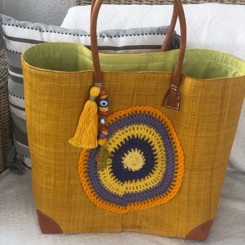 Handmade beach bag with boho details and leather handles, new