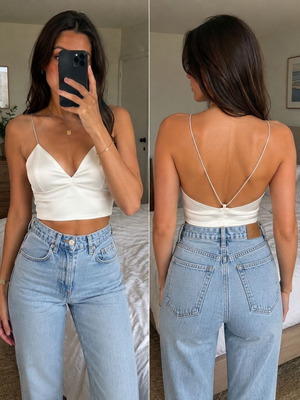 Satin crop top with rhinestone straps like new, white, size S