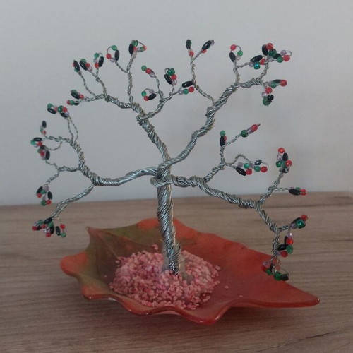 Decorative tree with wire and beads on orange leaf base new