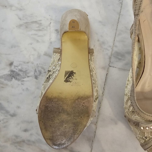 Tulipano women's peep-toe sandals used, size 38, beige with lace and sequins