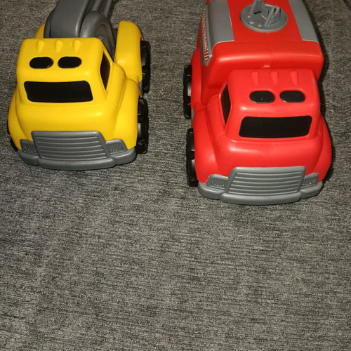 Toy cars used, two trucks with crane and fire truck