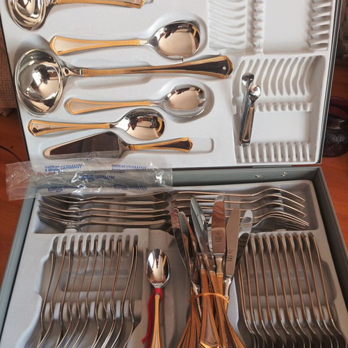 Cutlery set 67 pieces stainless steel Solingen Germany 18/10 with gold handles new