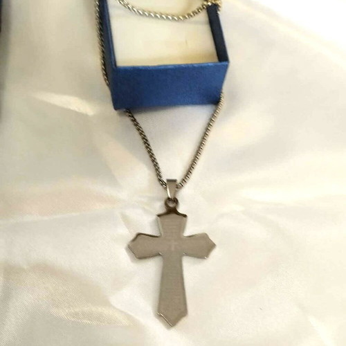 Polygonal stainless steel cross with engraved prayer new