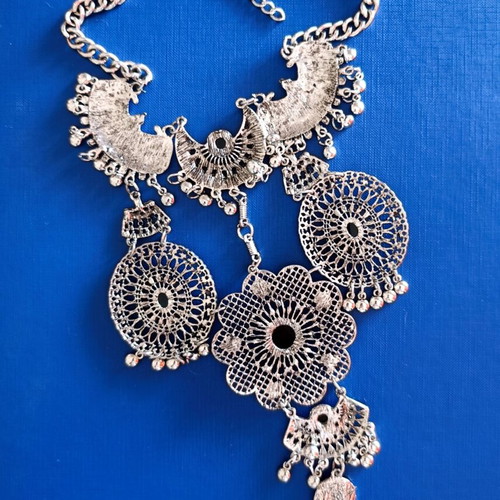 Boho Statement Necklace silver tone with black details new