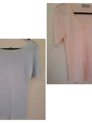 Vintage knitted blouses used, 2 sky blue and 1 pink with buttons