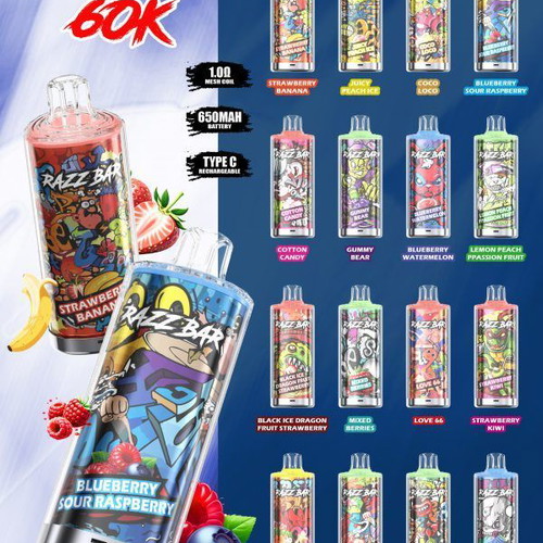 Razz Bar 60K Disposable Vape new, up to 60,000 puffs, variety of flavors