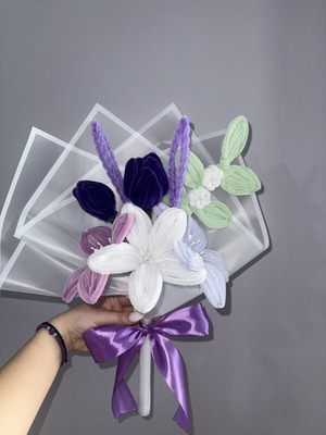 Handmade aromatic flower bouquet in purple shades with waterproof wrapping