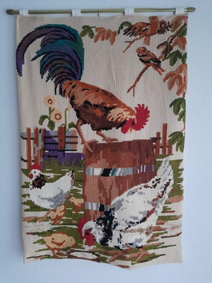 Embroidered banner with rooster and hens new