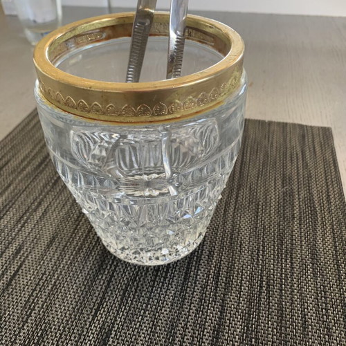 Vintage ice bucket Canada 70s crystal with gold rim