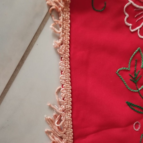 Handmade embroidered tablecloth 135x135 cm with fringes, red floral, used