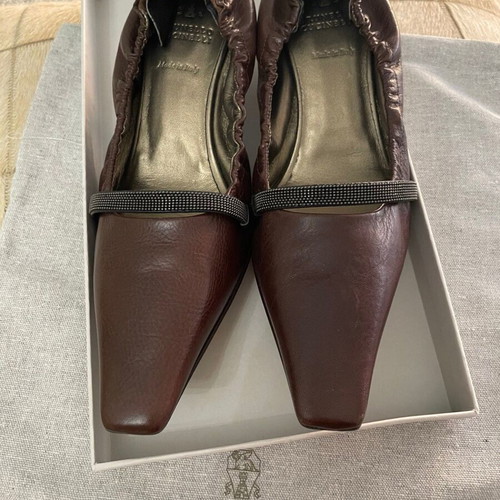 Brunello Cucinelli Monili-Strap leather kitten heels like new, espresso brown