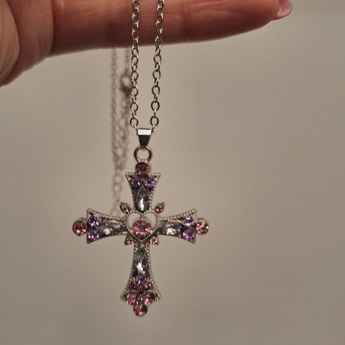 Vintage cross with zircons new, pink