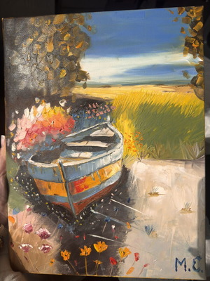 Vibrant oil painting of a boat on canvas 30x40 cm new