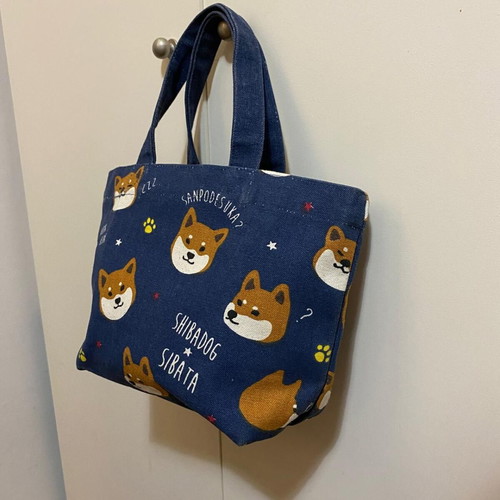 Shiba Inu lunch bag tote, used, dark blue canvas