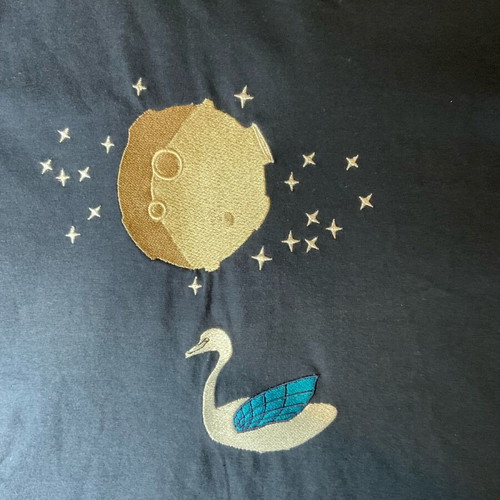 Blue blouse size S with moonlight swan print and embroidery, new