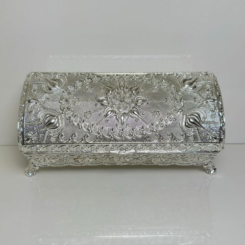 Metallic Ornate Jewelry Box with Oriental Embossed Design and Velvet Lining