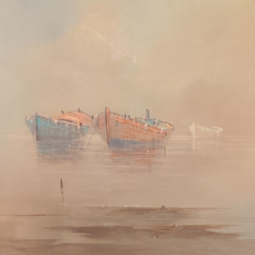 Dimitris Hantzinas oil painting seascape with traditional fishing boats