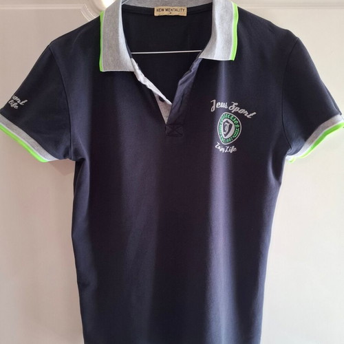New Mentality Polo Shirt M Navy Blue with Grey and Green Details like new