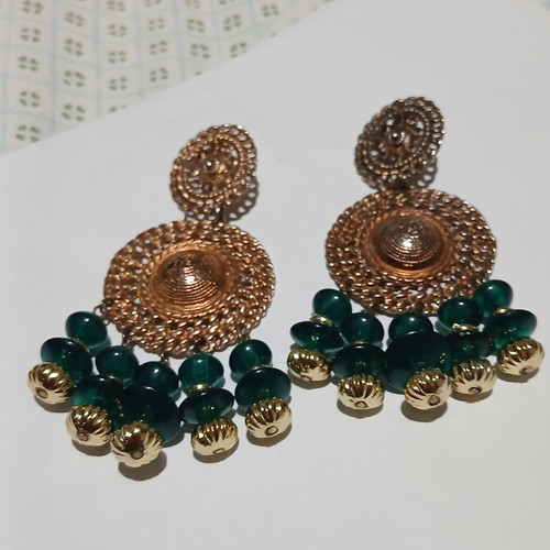 Vintage Statement Clip-On Earrings Gold Filigree with Emerald Beads like new