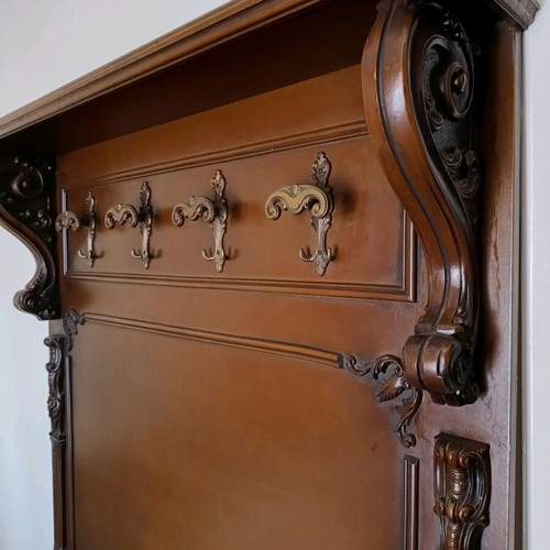 Handmade walnut coat rack used, 1970s with brass hooks