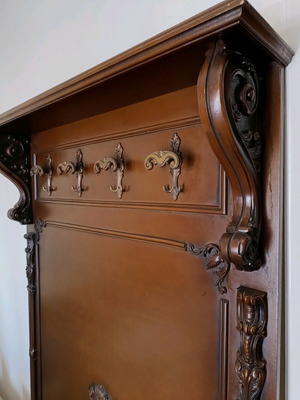 Handmade walnut coat rack used, 1970s with brass hooks