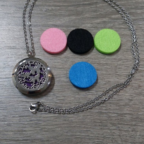 Oil Difusser necklace with butterflies and metal magnetic cap silver new