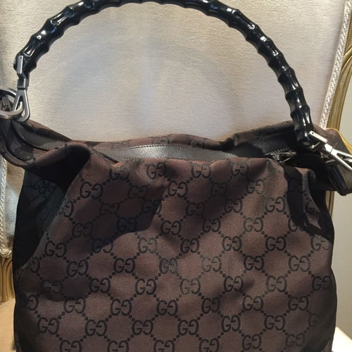 Gucci shoulder bag used, brown fabric with bamboo handle
