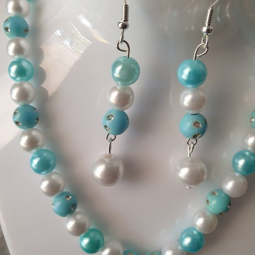 Handmade beaded turquoise and white summer necklace and earrings set new