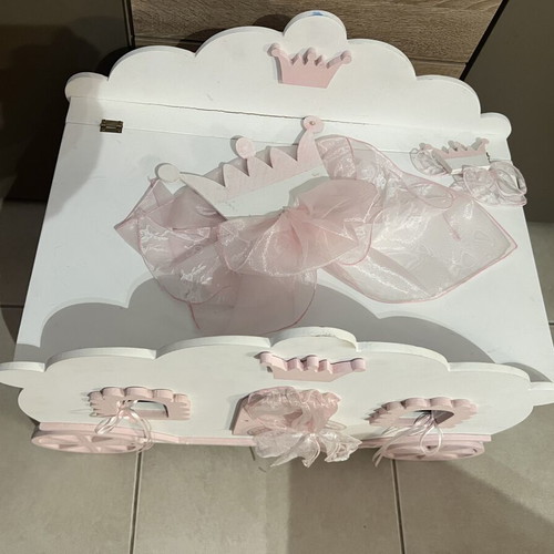 Wooden Baptism Carriage used, decorated with pink tulle