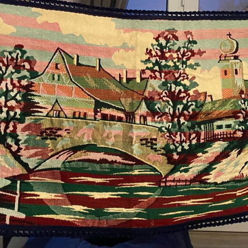 Handmade vintage wall hanging rug with village design like new