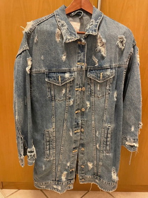 Zara long denim jacket used with rips, blue, size M