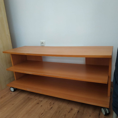 Rolling TV stand with 3 shelves used, beige pine