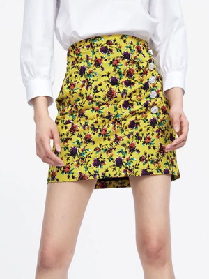 Φούστα Zara κίτρινη medium με λουλούδια floral mini και στρας μεταχειρισμένη