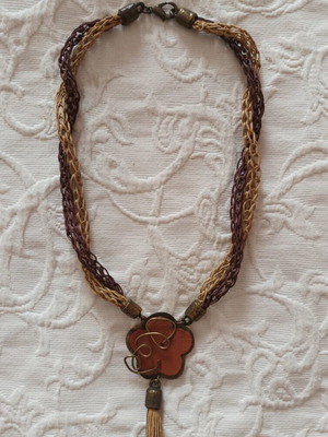 Handmade "πy" necklace new with braided cords and leather flower